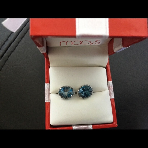 unbrand Jewelry - 14K White Gold London Blue Topaz and Diamonds Oval Stud Earrings